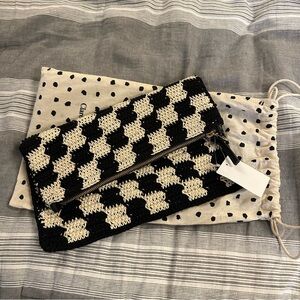 Clare V Black and Cream Checkered Fold Over Clutch